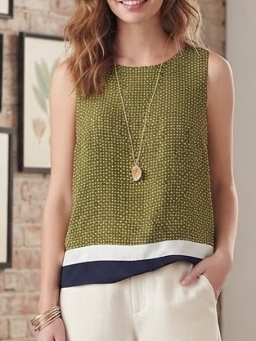 Loft - Tie Back Shell Sleeveless Top | Size Medium Petite | Navy & Lime